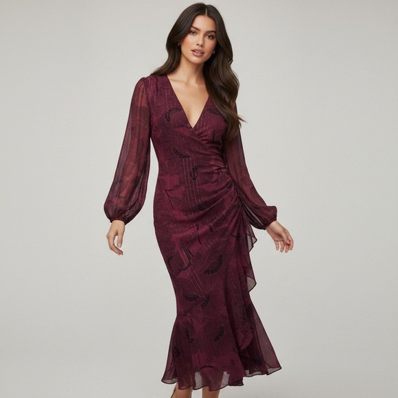 ASTR The Label Dresses & Skirts - ASTR The Label Womens Burgundy Floral Metallic Wrap Midi Dress ADR100106 XS